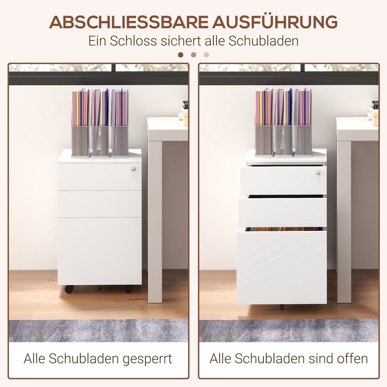 Vinsetto Rollcontainer Aktenschrank mit 3 Schubladen, Büroschrank mit Schloss