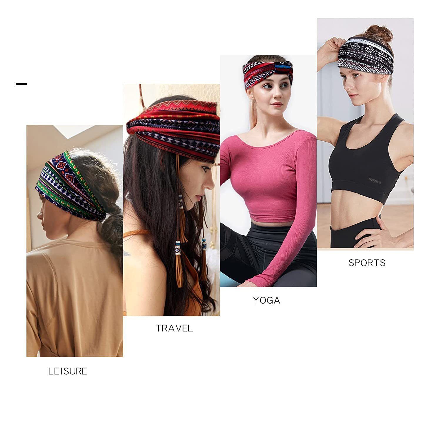 YYV Haarband Stirnband Damen Breite Elastische Weiche Boho Haarbänder Leopard Print, 4-tlg., Haarschmuck Yoga Sport Haarband Mehrfarbig Haarreifen Damen