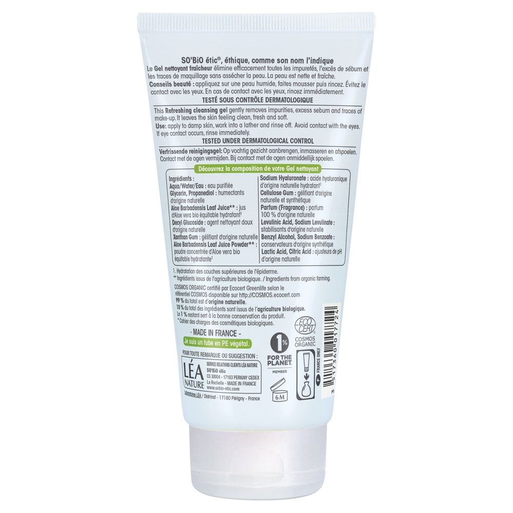 LÉA NATURE SO BiO étic Gel nettoyant fraîcheur, jus d'Aloe vera bio équitable, tous types de peaux Gel nettoyant