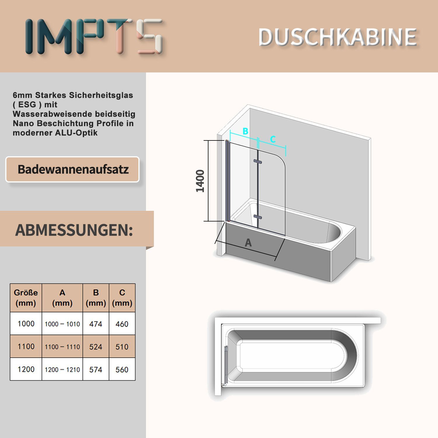 IMPTS Badewannenaufsatz, 6mm ESG Sicherheitsglas Nano Glas, Duschwand für Badewanne 2 TLG. Faltwand Duschtrennwand