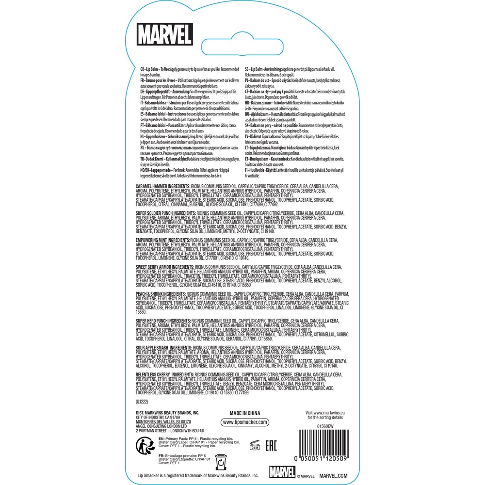 lip smacker Lip Balm Party Pack Pack de 8 baumes à lèvres des héros Marvel - assortis