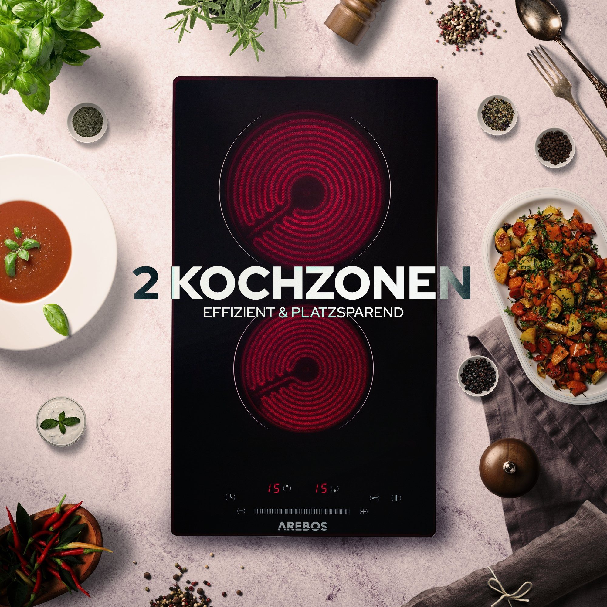 Arebos Elektro-Kochfeld Glaskeramik AR-HE-GK2N, Obere Kochzone: 1800 W, Untere Kochzone: 1200 W