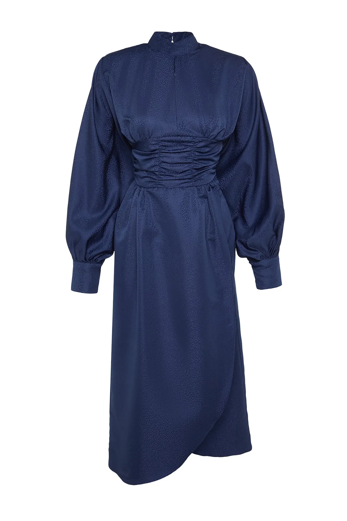 Trendyol Modest  Marineblaues Abendkleid mit drapierter Taille und Ballonärmeln, selbst gemustert TCTSS23DB00017