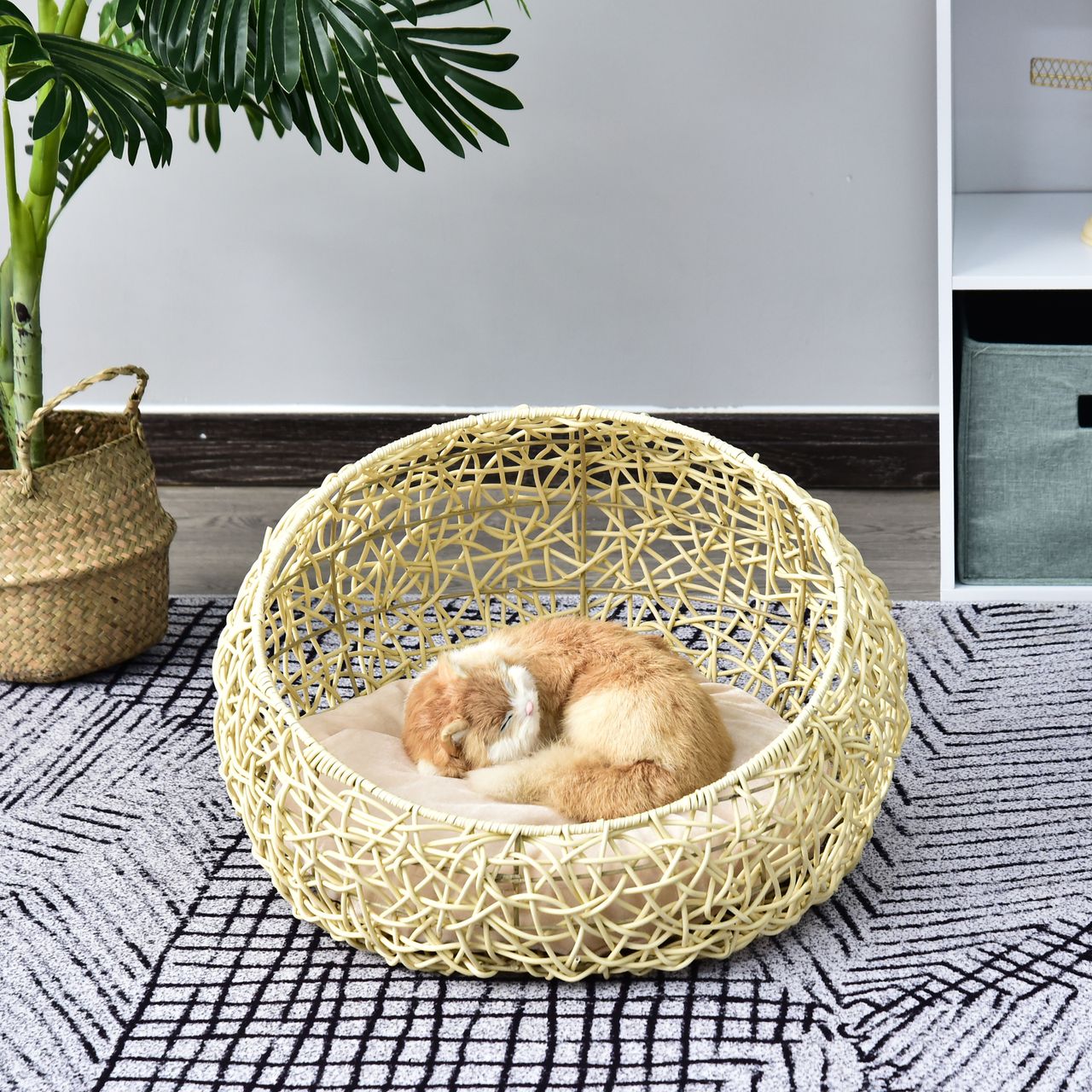 PawHut Katzenbett aus Rattan mit Kissen Katzenhöhle Hundehütte Beige Ø56 x 35 cm