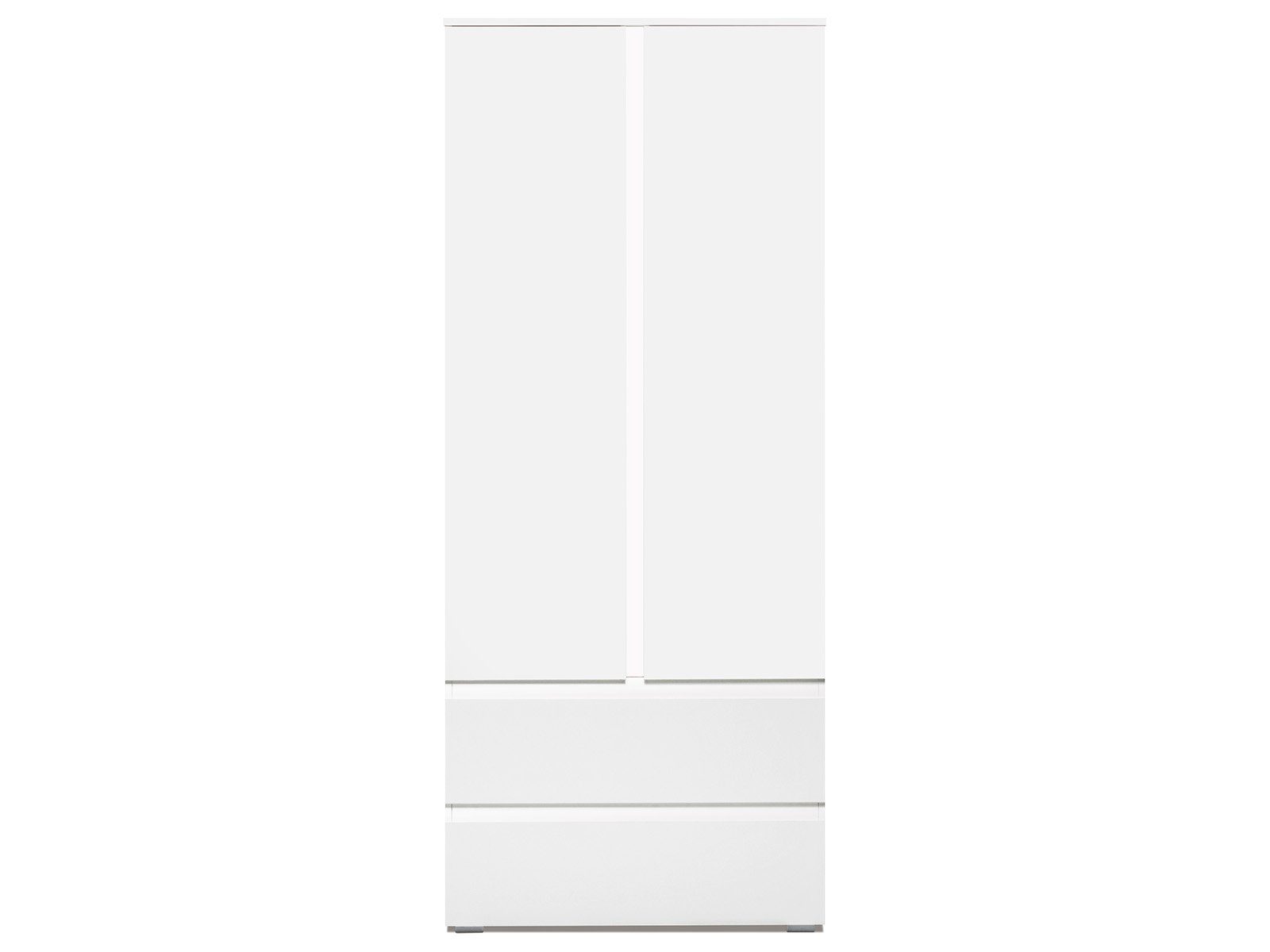 möbelando Mehrzweckschrank Ravenna Moderner Mehrzweckschrank aus melaminharzbeschichteter Spanplatte in Weiß-matt mit 2 Türen, 2 Schubkästen und 3 Einlegeböden. Breite 80 cm, Höhe 191 cm, Tiefe 40 cm.
