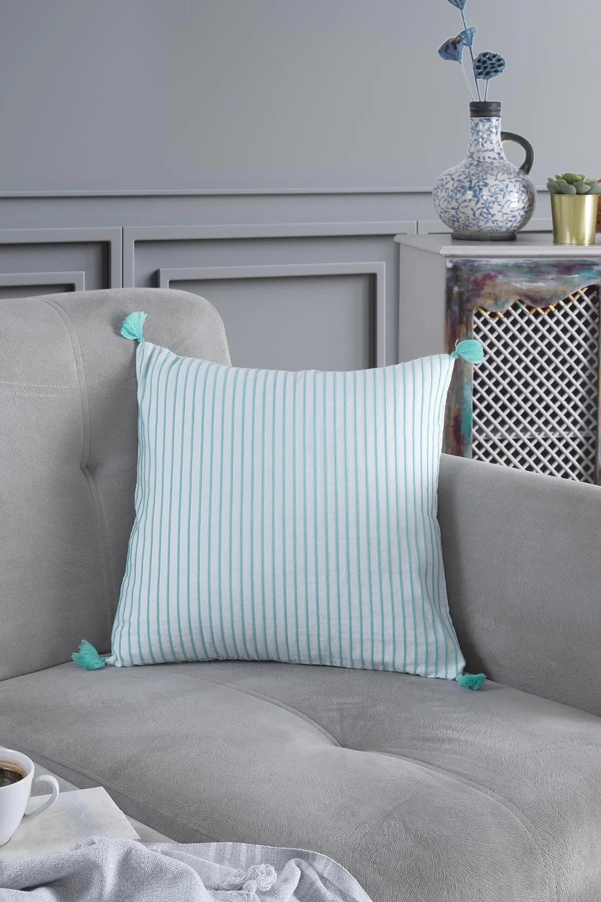 Znp Home  Pompoms 2-teiliger dekorativer Kissenbezug aus 100 % Baumwolle, 44 x 44 cm