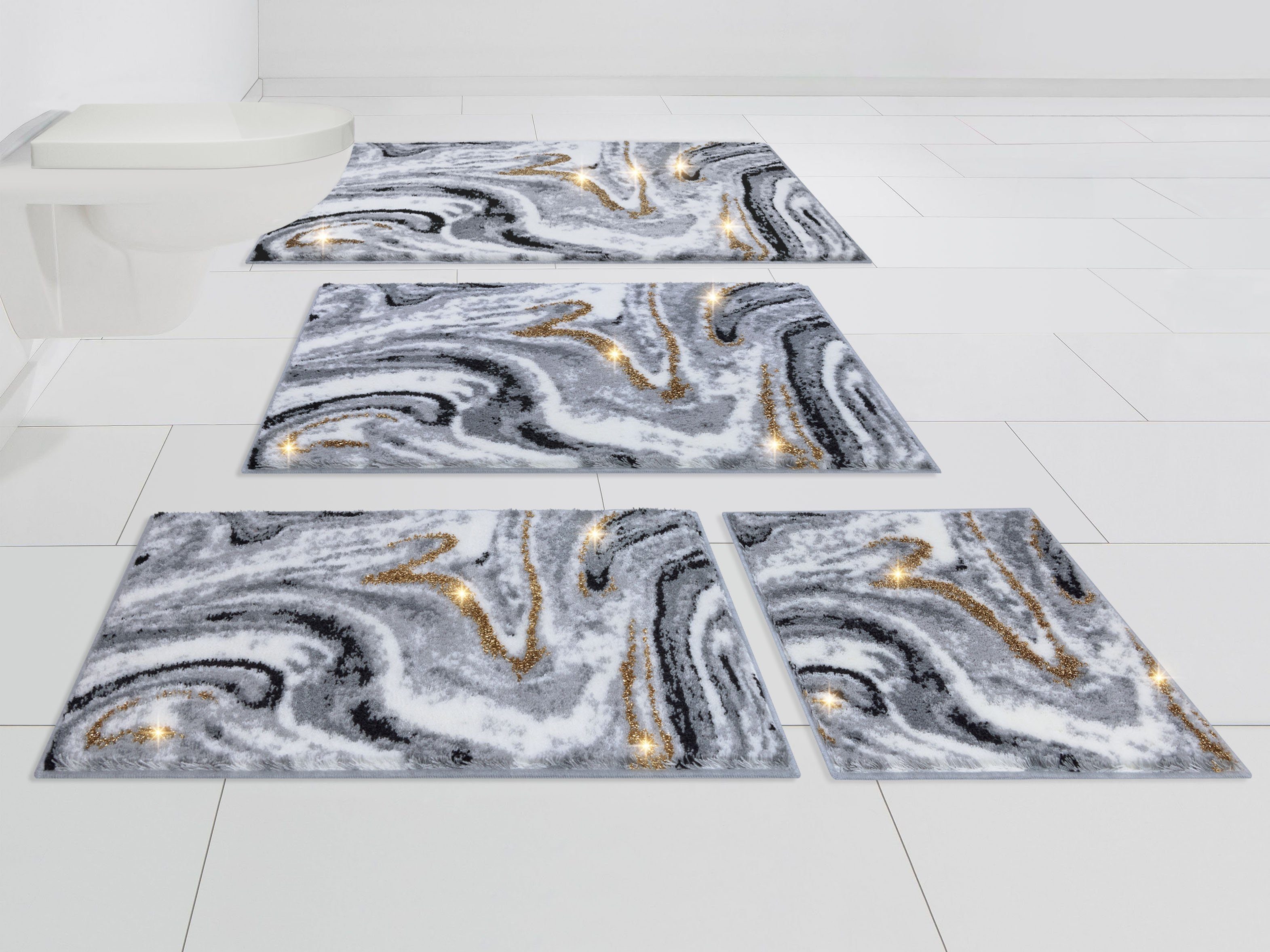 Badematte Gloria Leonique, Höhe 20 mm, rutschhemmend beschichtet, fußbodenheizungsgeeignet, Polyacryl, rechteckig, goldfarbene Akzente durch Glitzer-Garn, Badematten im Marmor-Design
