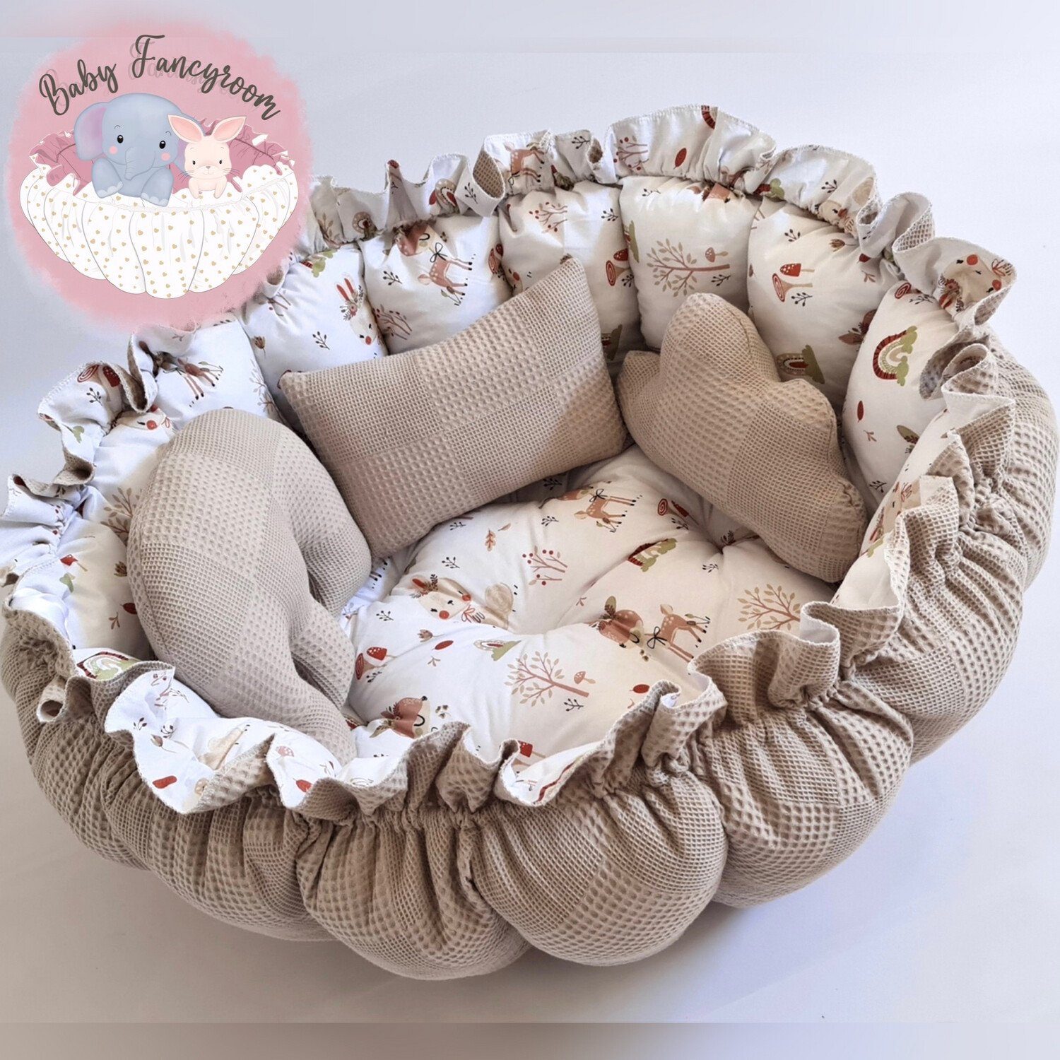 Baby Fancyroom Bettnestchen 2in1 Spielmatte Nestchen Babynestchen Babynest Kuschelnest, (4-tlg. Set mit 3 Motivkissen, dicke Spielmatte Krabbeldecke Spieldecke Kuschelnest), Handmade with Love
