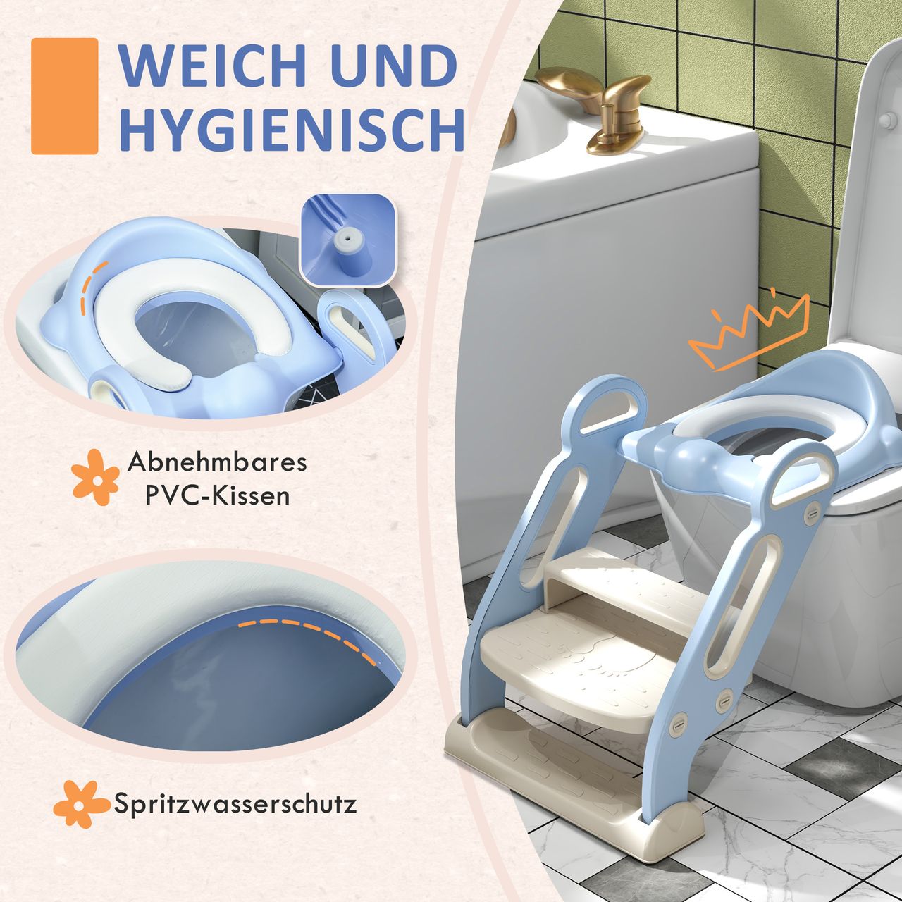 ZONEKIZ Kinder Toilettensitz, klappbarer Toilettentrainer mit Treppe, Griff Blau