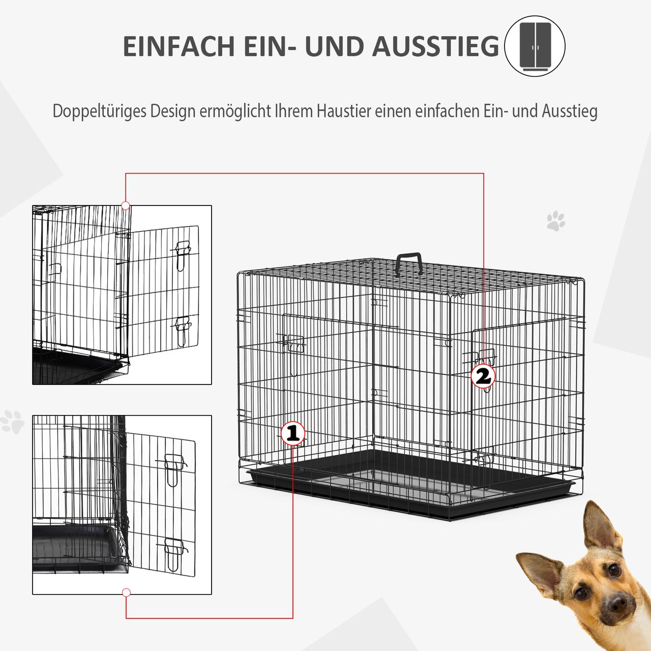 PawHut Hundekäfig Transportkäfig Drahtkäfig mit Gitter Schwarz 92 x 57 x 62,5 cm
