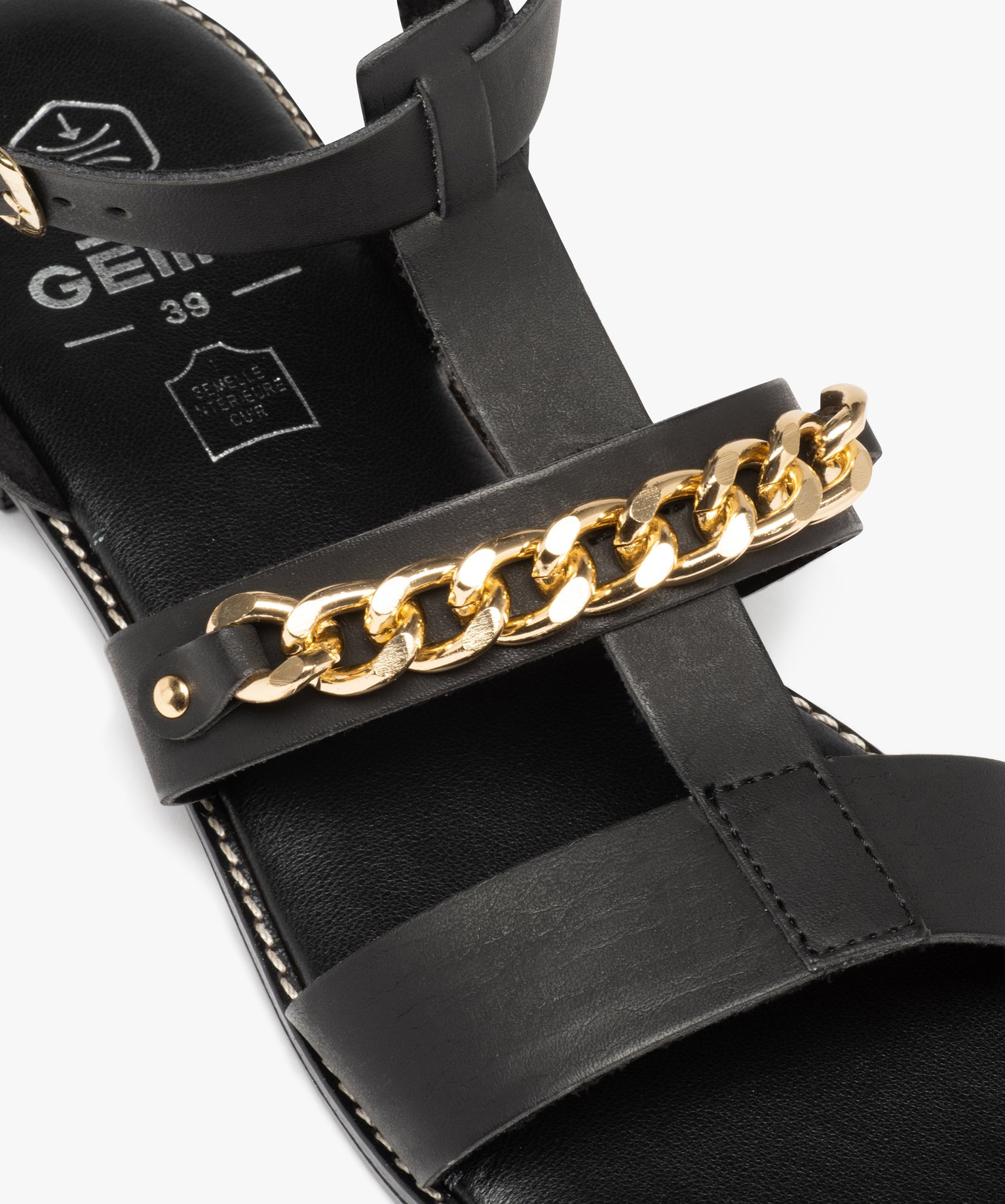 Sandales femme à talon plat et brides unies avec chane noir | GEMO