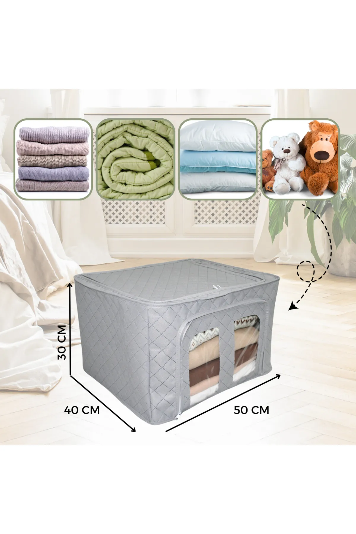 Seryat  3-teiliges Set mit grauer, gesteppter Organizer-Box mit Stahlrahmen und Fenster, Aufbewahrungstasche, Draht-Aufbewahrungstasche, 40 x 50 x 30 cm, Pullover-Aufbewahrungstasche