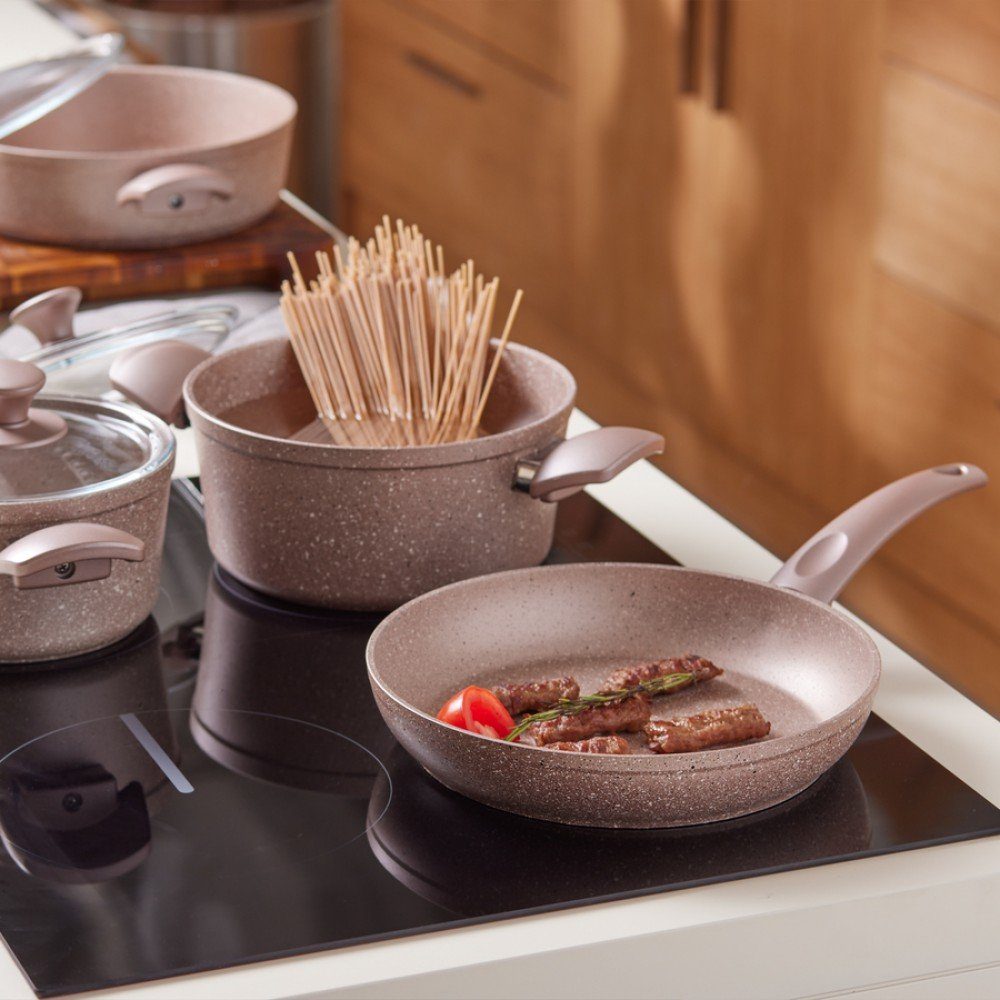 KRC Topf-Set Karaca Biogranit Antik Rose 7-Teiliges Kochgeschirr-Set Kochgeschirr-Set, Antihaftbeschichtung, Topf Pfannenset mit Glasdeckeln, Spulmaschinengeeignet, Granit