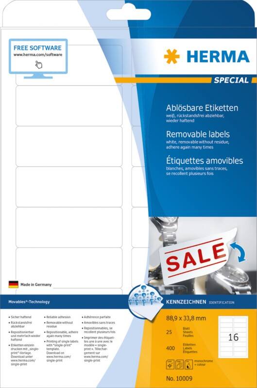 HERMA Wiederablösbare Etiketten 10009 Weiß Rechteckig 88 x 33 mm 25 Blatt à 56 Etiketten