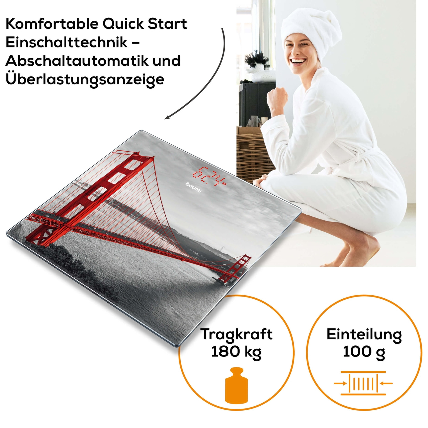 Beurer San Francisco Glaswaage GS 215-Personenwaage aus Glas mit unsichtbarem Magic-Display - bis 180 kg