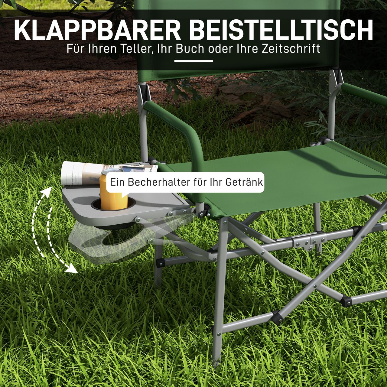 Outsunny Regiestuhl Faltbar Campingstuhl mit Seitentisch, Becherhalter Grün