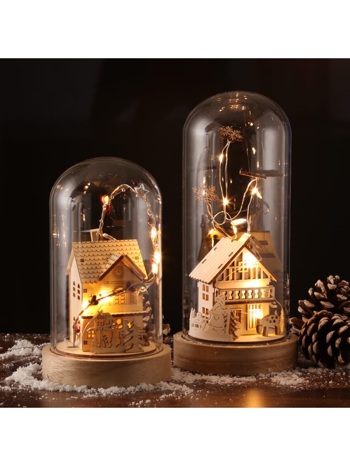 MARELIDA LED Deko Glaskuppel Holzhaus 10LED H: 20cm in natur günstig kaufen onesize