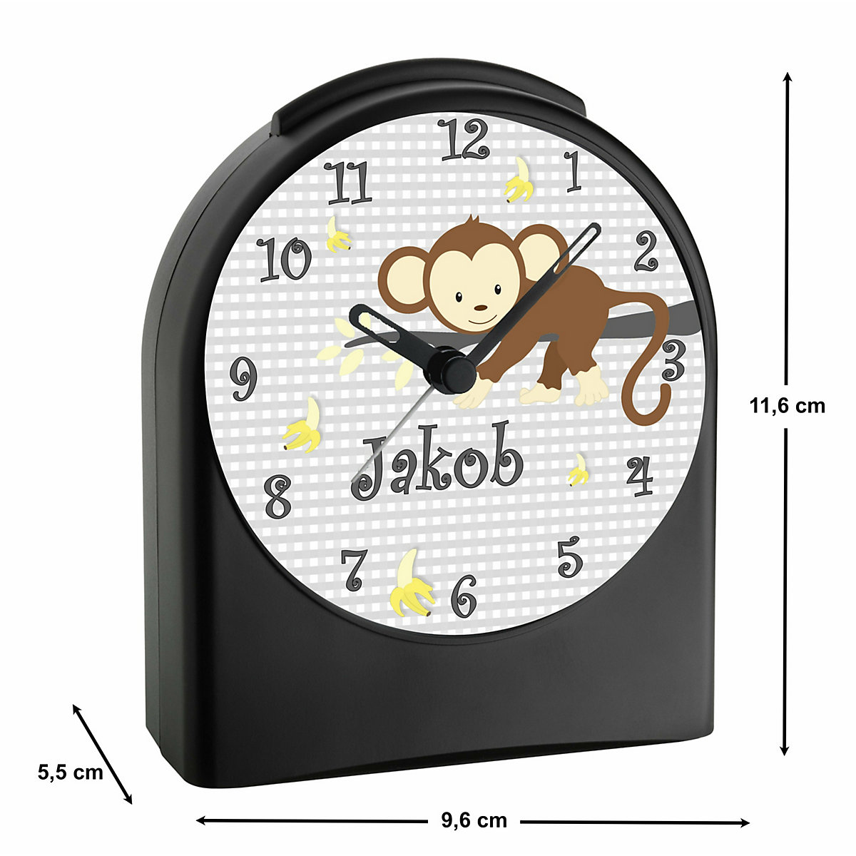 Kinder Funkwecker personalisiert mit Namen Affe Atom-/Funkuhr, 12-Stunden-Anzeigeformat, Schlummerfunktion, Nachtlicht, Geräuschlos/Ohne Ticken