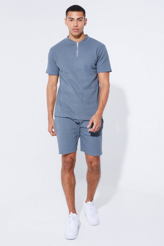 Slim-Fit Bomber-Poloshirt & Shorts in Waffeloptik