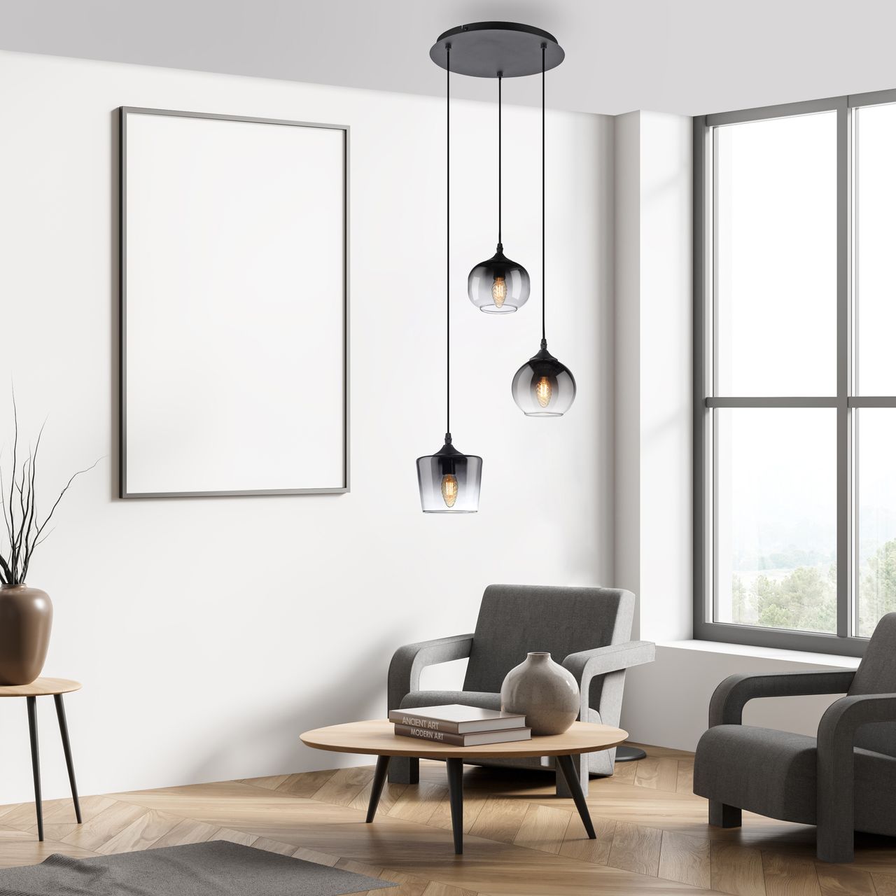 JUST LIGHT Pendelleuchte GREEN ZEA, 3x E14/25 Watt max., rauchfarbene Gläser, rund, Schwarz