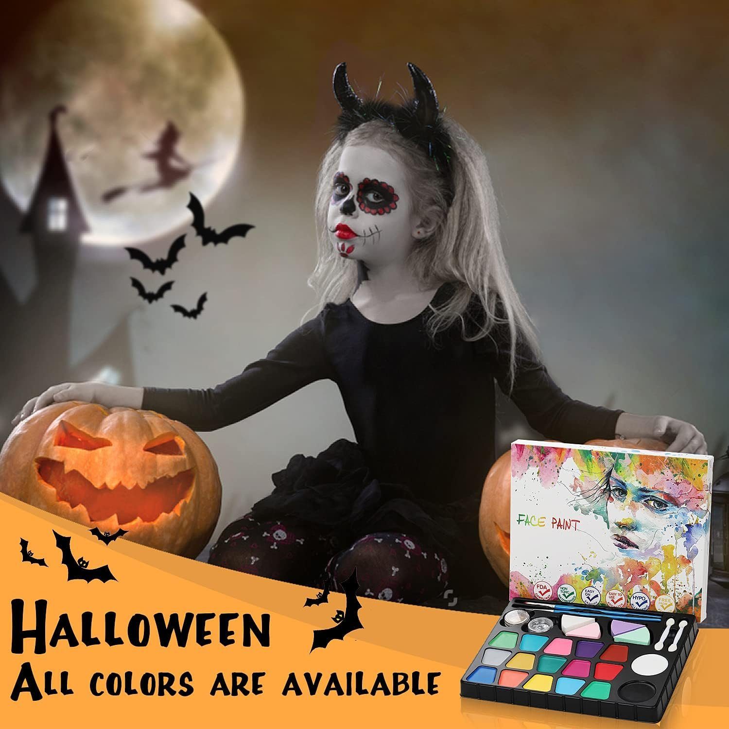 LENBEST Schmink-Set Schminke Kinder 17 Farben Glitzer Pinsel Make Up Schwamm Schablonen, Kinderschminke Set, Halloween Fasching Karneval Schminke Kinder, Faschingsschminke Theaterschminke Karnevalsschminke