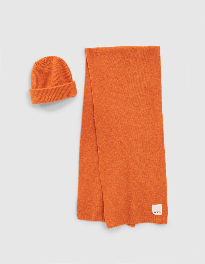 Set bonnet et écharpe orange tricot Femme