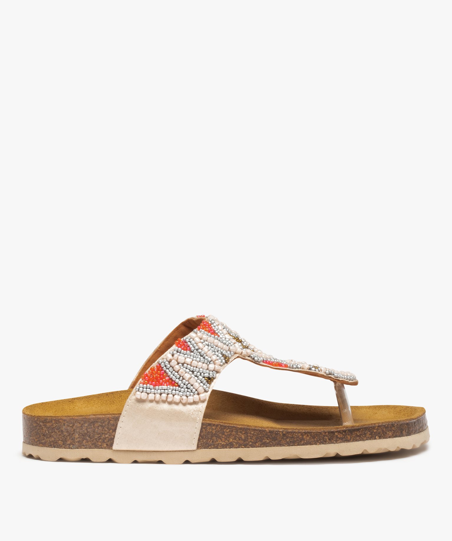 Sandales femme à entre-doigts avec brides ornées de perles beige | GEMO