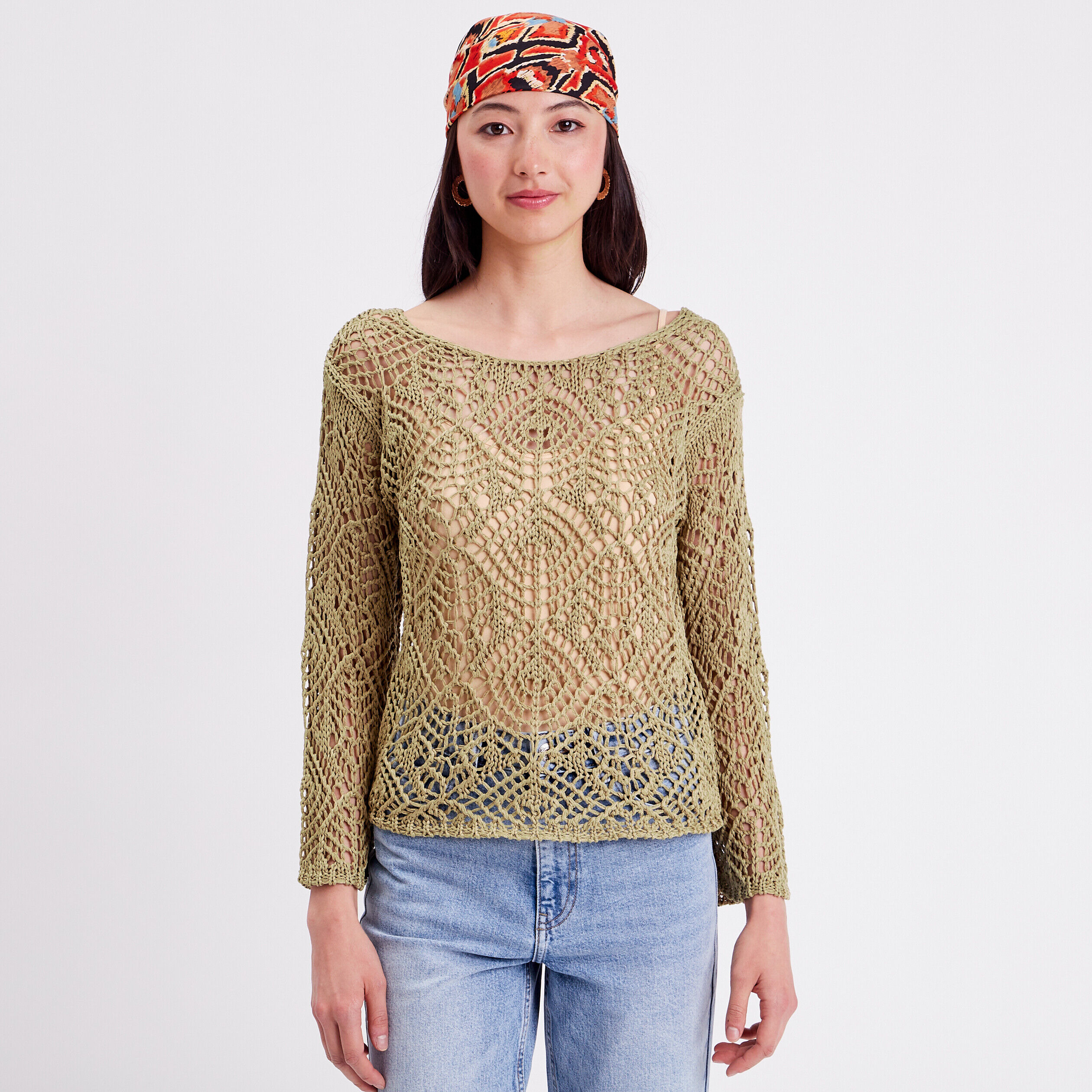 Pull crochet manches longues vert kaki femme | Cache Cache