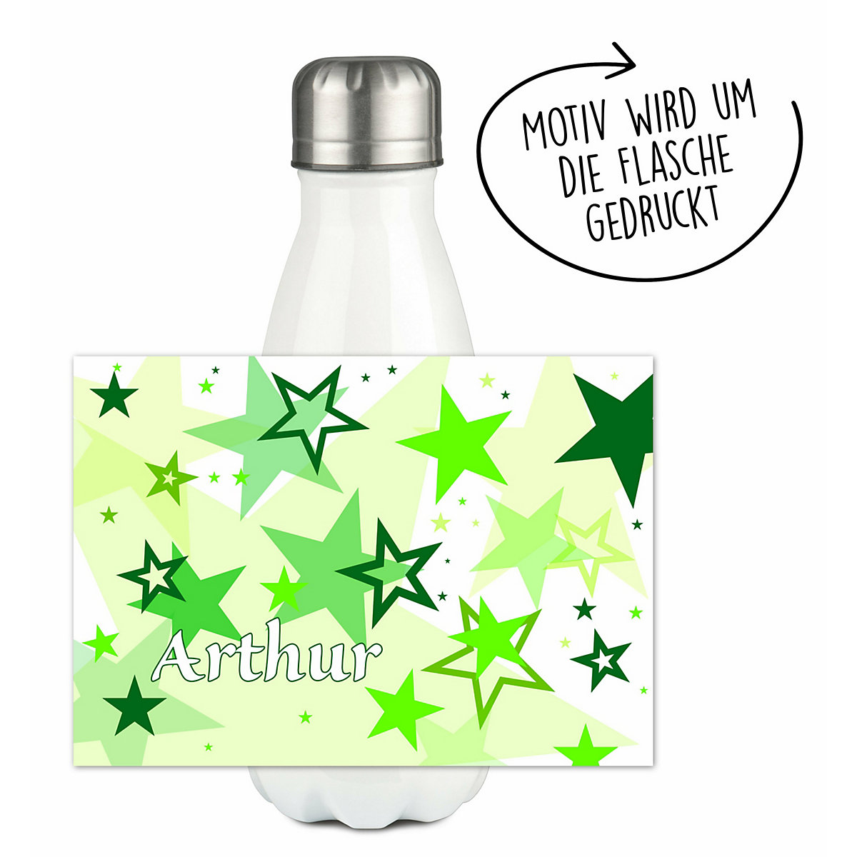 Edelstahl Kinder Thermoflasche / Trinkflasche bunt Sternenhimmel Farbe grün Spülmaschinenfest, Auslaufsicher, Bruchfest, Doppelwandig, Für Heißgetränke geeignet, Mit Deckel, Isoliert