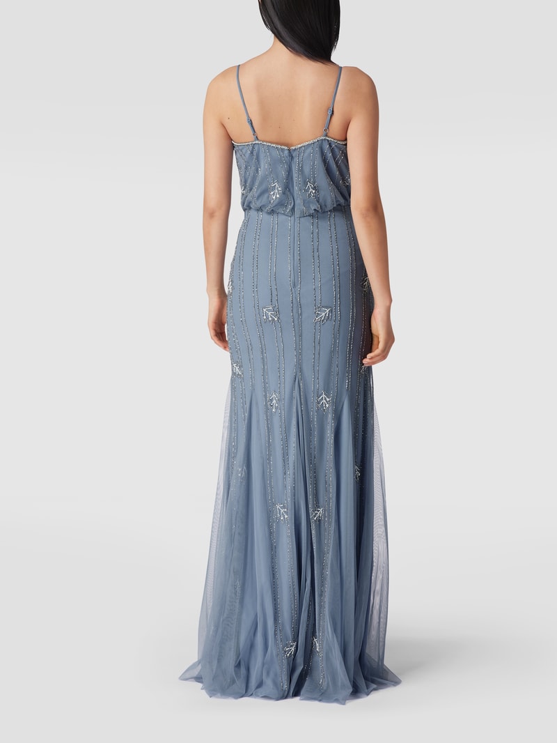 Abendkleid mit Pailletten und Ziersteinen in bleu