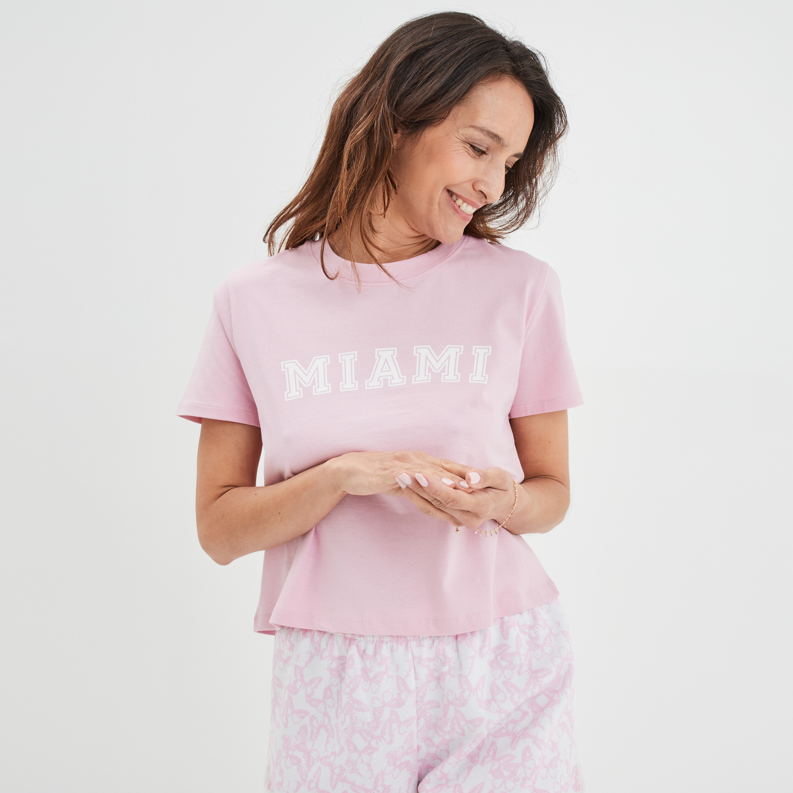 T-shirt pyjama manches courtes coton rose poudrée femme | La Halle