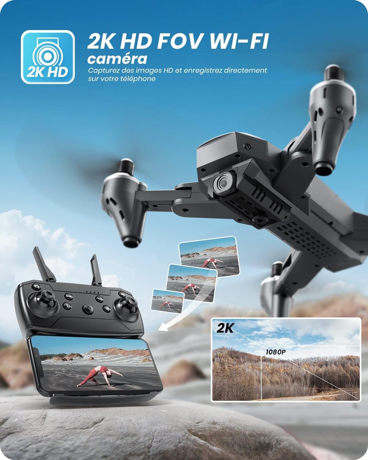 DEERC D10 Faltbare Drohne mit Kamera für Erwachsene FPV Live Video Drohne (HD 1920 x 1080p, mit 2 Batterien 24 Minuten Höhenhaltung Quadcopter für KinderAnfänger)