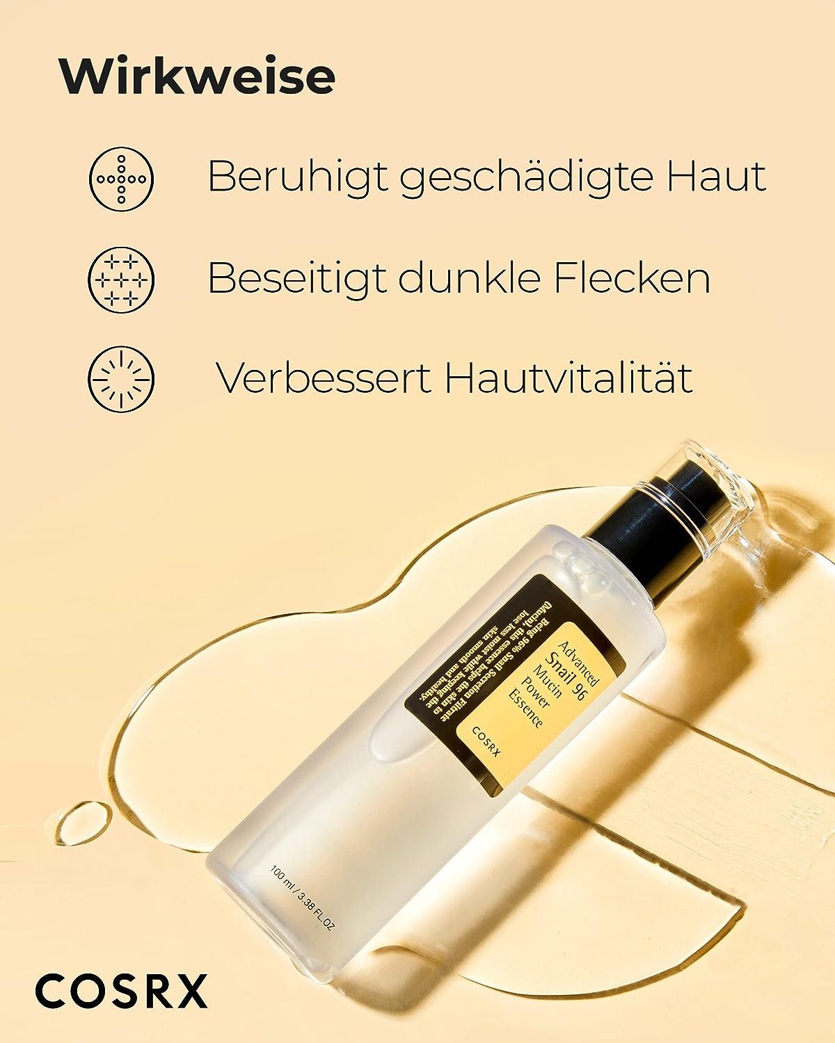 Cosrx Gesichtsserum Advanced Snail Power Essence 100ml Gesichtsserum Schneckenschleim Gesichtscreme, Creme Pickelentferner Akne Behandlung, Pickel Entferner, 1-tlg., Hochdosiert, für unreine und empfindliche Haut, Anti Pickel Serum