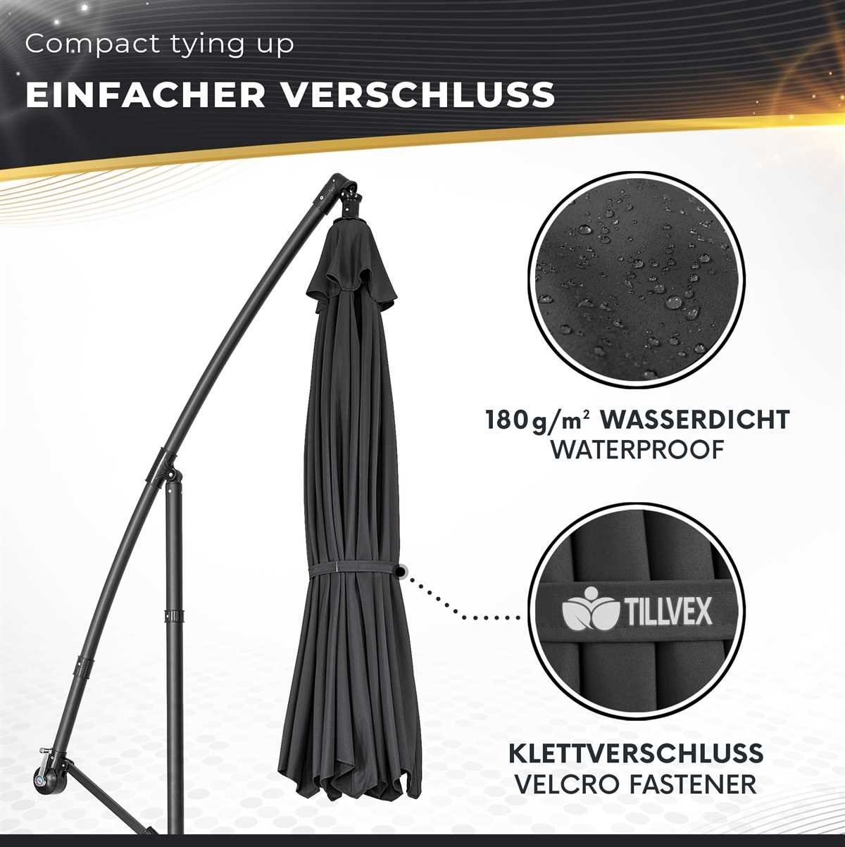 tillvex Sonnenschirm Ø 300 cm mit Kurbel, Ampelschirm mit Ständer, Gartenschirm UV-Schutz Aluminium, Kurbelschirm Marktschirm wasserdicht