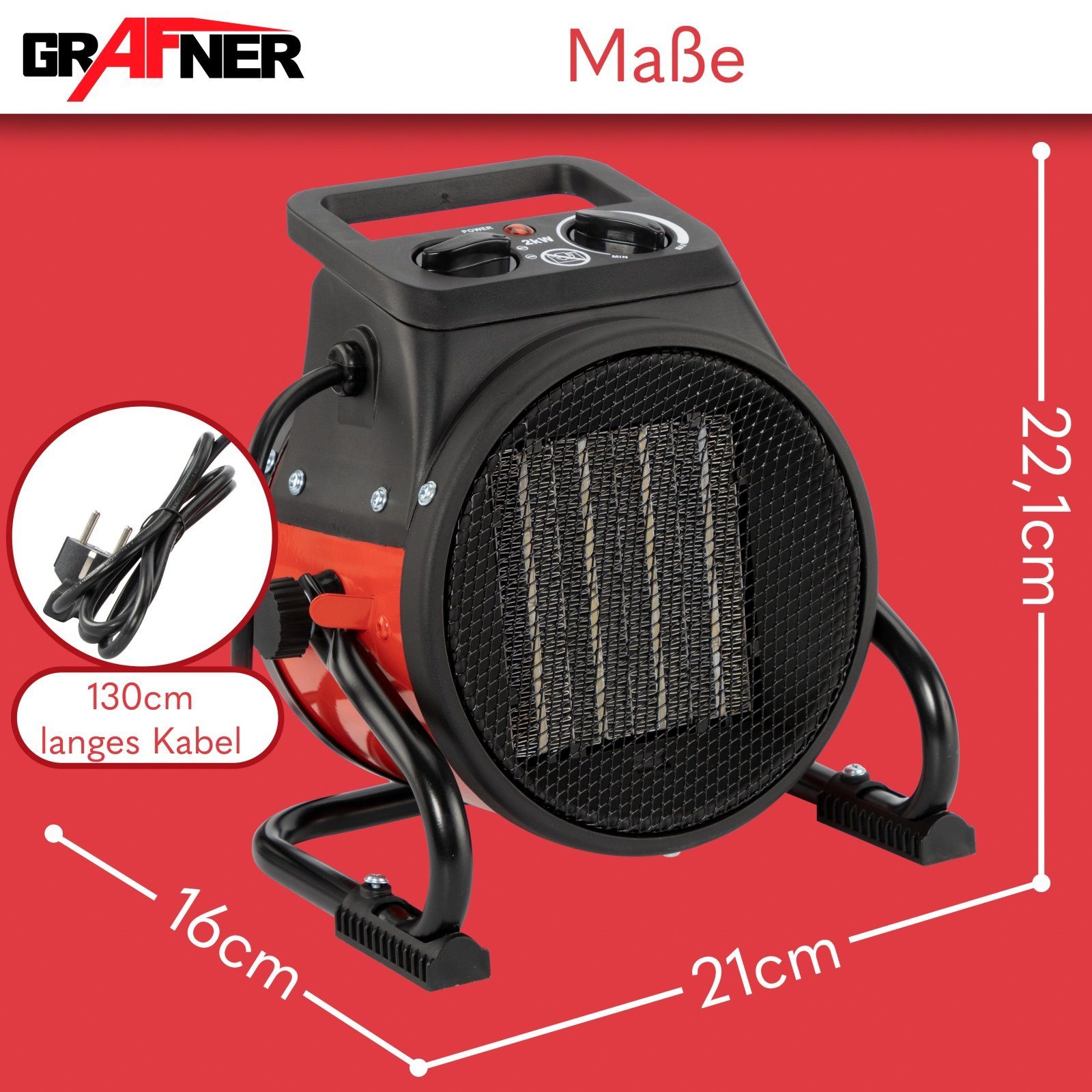 Grafner Heizgerät 2000 W Baustellen Heizlüfter Heizgebläse 2 kW Keramik Elektroheizung, 2000 W, mit Thermostat und Tragegriff