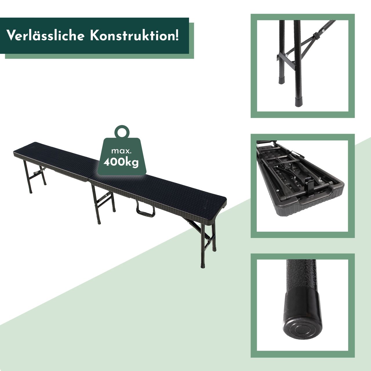 Lemodo Klappbank im 2er Set, mobile Sitzbank 180 x 25 cm in Rattan-Optik, klappbare Bierbank