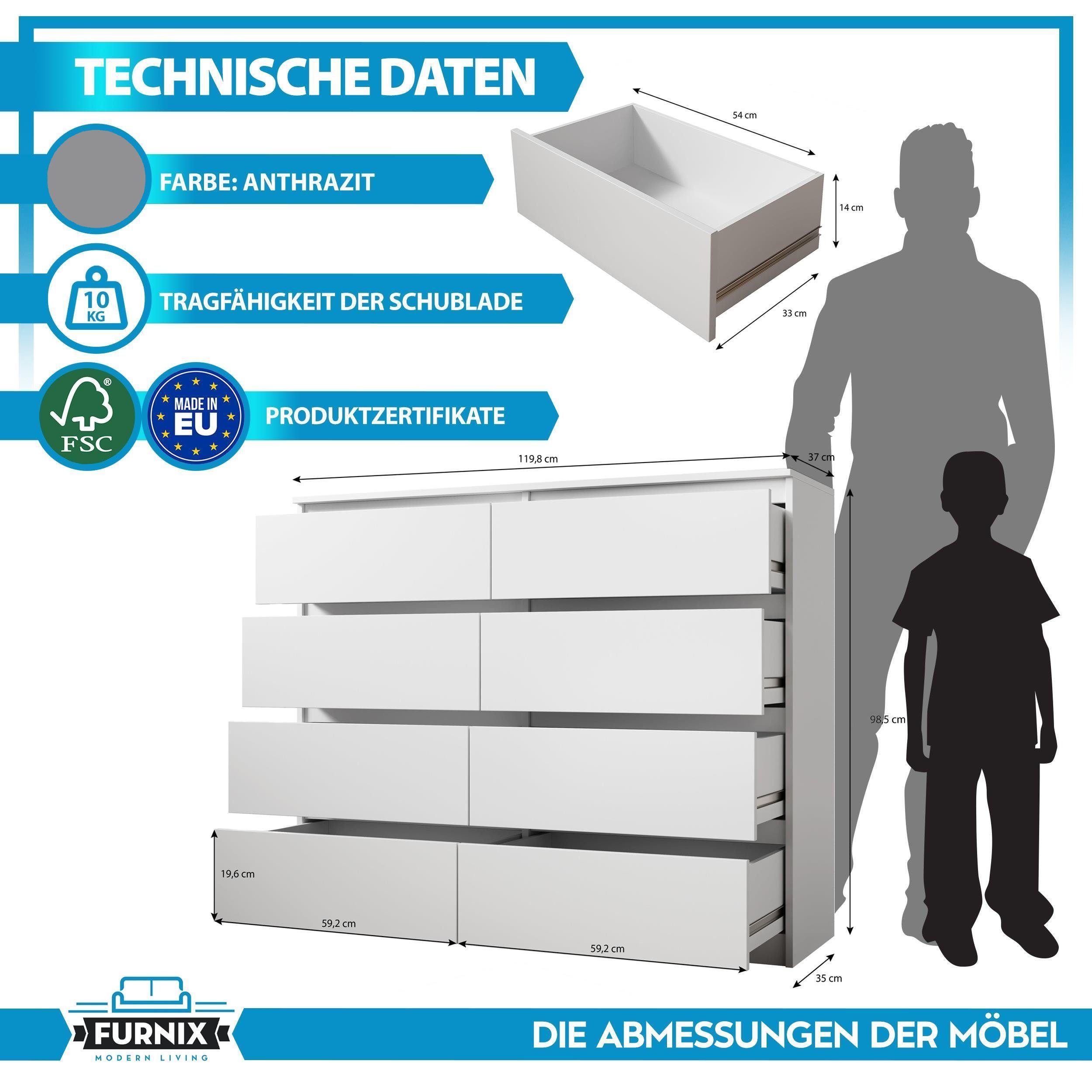 Furnix Hochkommode ARENAL multifunktional viel Stauraum, mit 8 Schubladen, B119,8 x H98,5 x T35 cm