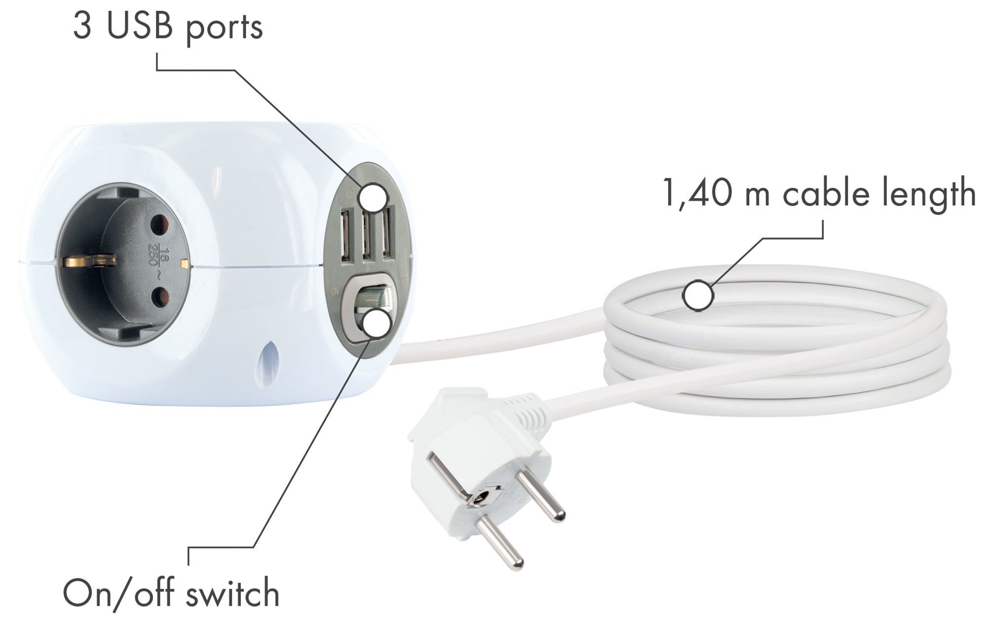 Schwaiger 661507 Mehrfachsteckdose 6-fach (3 Steckdosen, 3 USB Buchsen, Kabellänge 1.4 m), in Würfelform