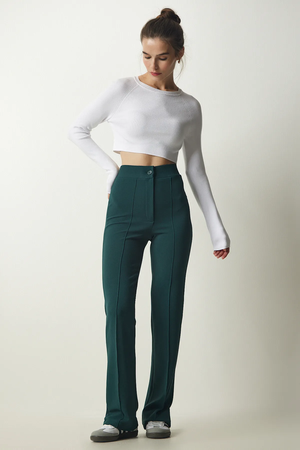 Happiness İstanbul  Smaragdgrüne bequeme Strickhose aus Lycra mit hoher Taille für Damen RV00090