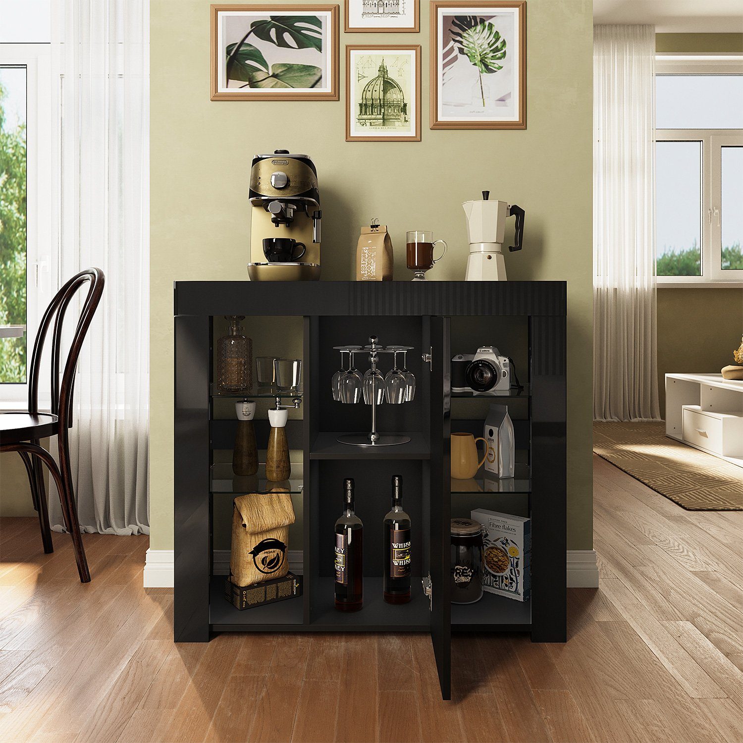 SONNI Sideboard Sideboard Küchenschrank mit LED Beleuchtung 90x35x83cm, Hochglanz, mit Schranktür und 4 glas Einlegeböden, Wohnzimmerschrank
