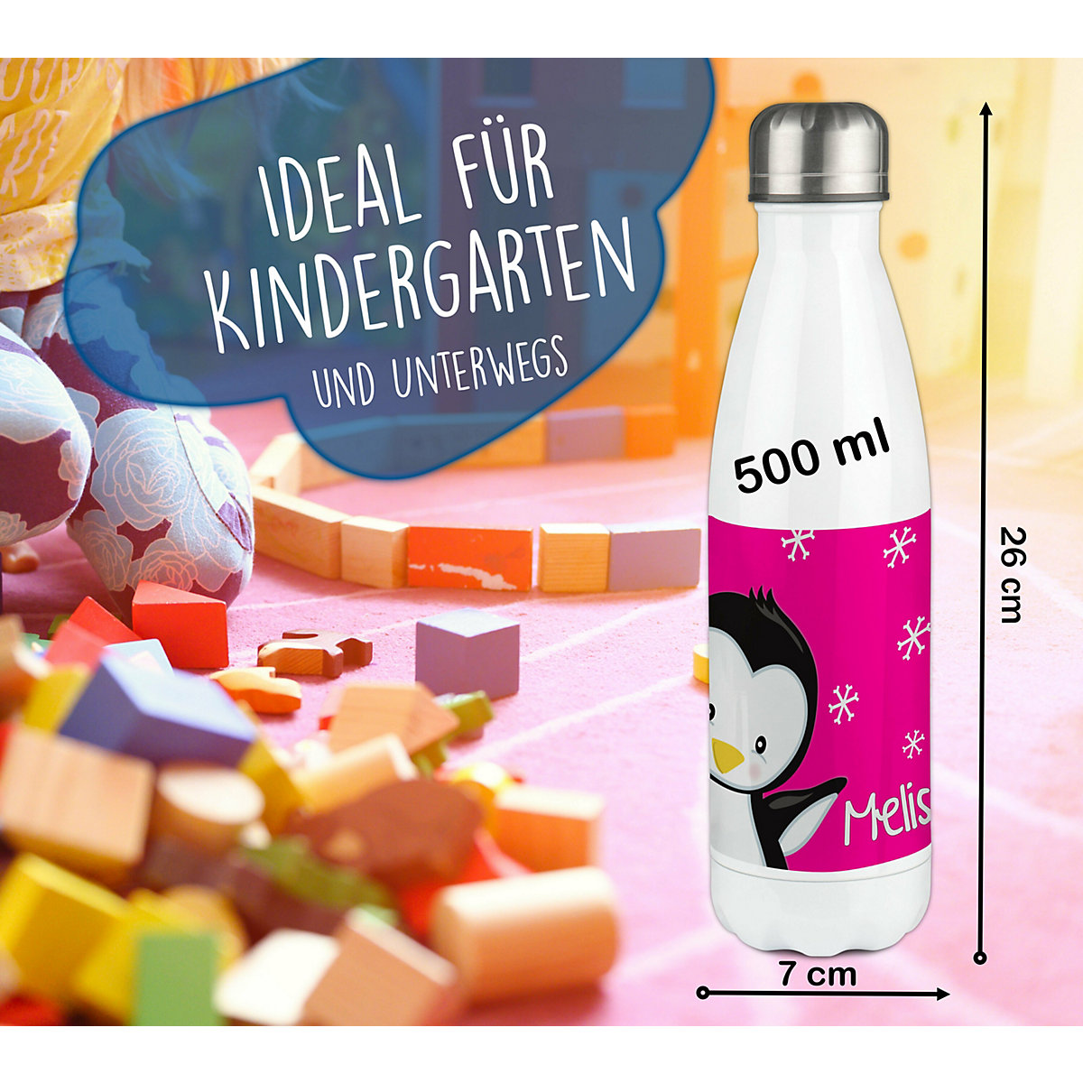Edelstahl Kinder Thermoflasche / Trinkflasche bunt Pinguin Farbe pink Spülmaschinenfest, Auslaufsicher, Bruchfest, Doppelwandig, Für Heißgetränke geeignet, Mit Deckel, Isoliert
