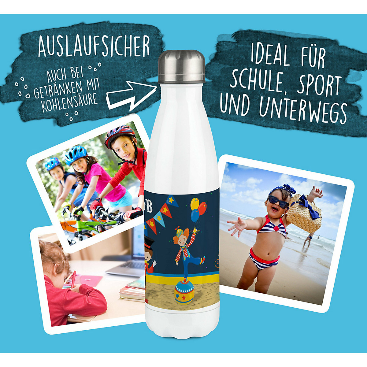 Edelstahl Kinder Thermoflasche / Trinkflasche bunt Circus Spülmaschinenfest, Auslaufsicher, Bruchfest, Doppelwandig, Für Heißgetränke geeignet, Mit Deckel, Isoliert