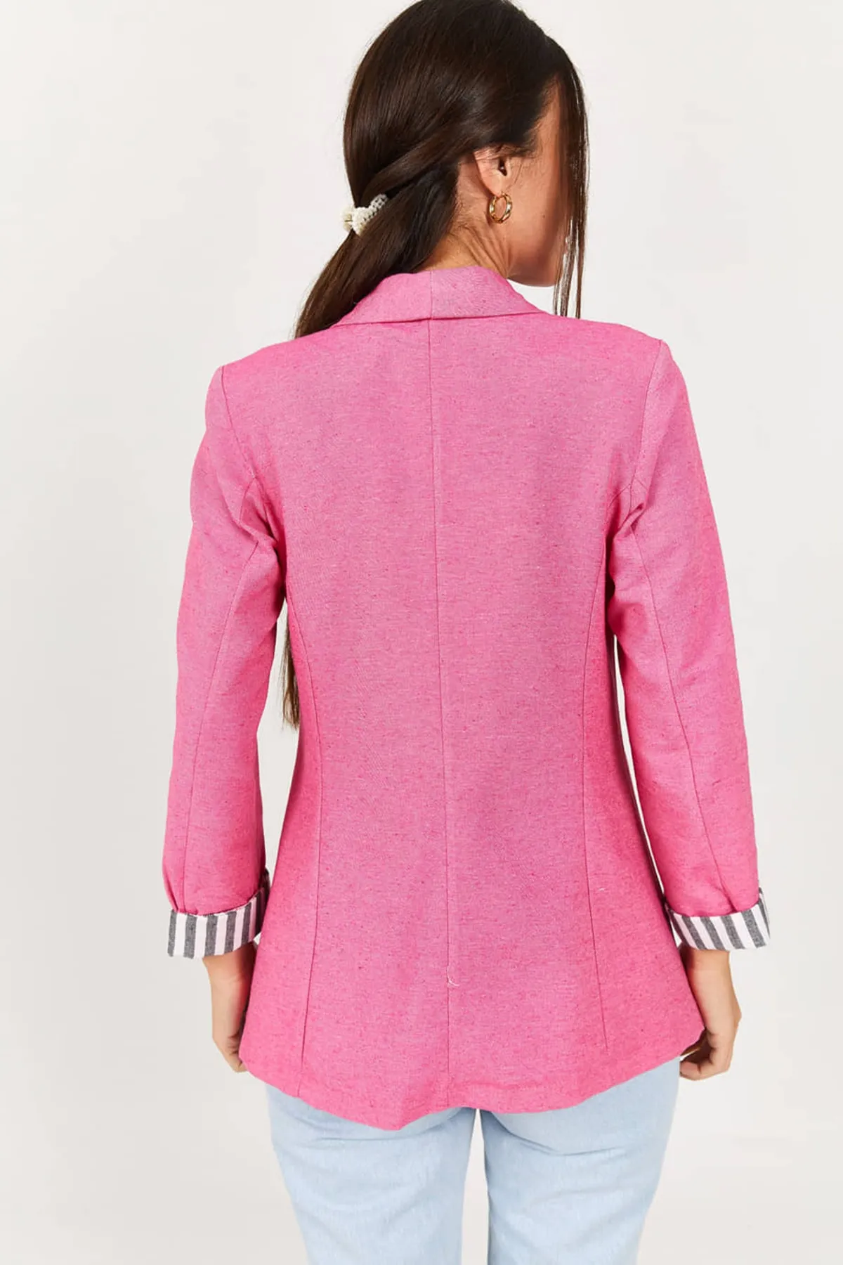 armonika  Gestreifte Jacke mit einem Knopf für Damen in Fuchsia-Ärmeln, ARM-22K001122