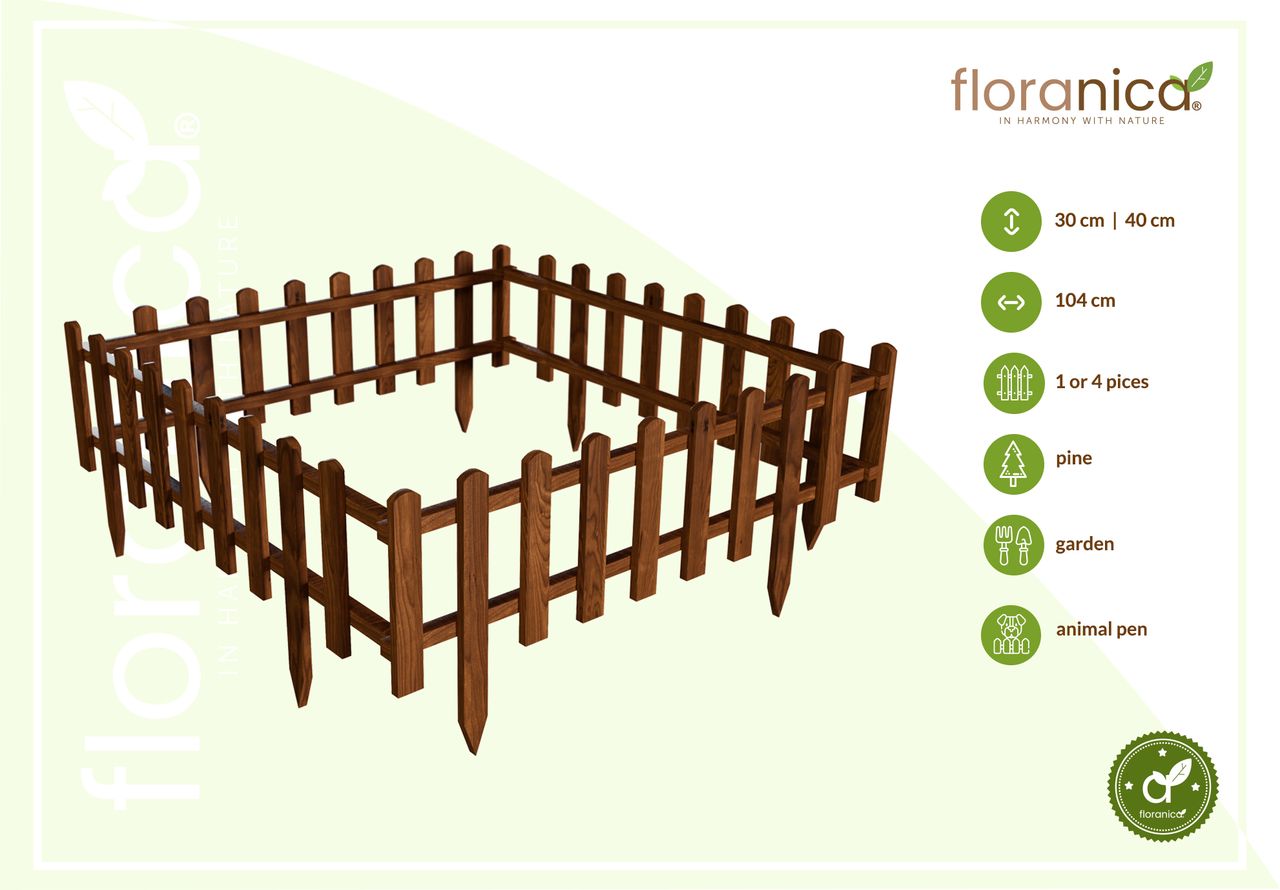 Pemicont Floranica Vorgarten Gartenzaun aus Holz Vampir 1 STK 104cm Höhe 40cm Braun Imprägnierter Kiefernholzzaun Dekorative Steckzaun für Blumenbeete Gemüsebeete Wegeinfassungen Tierauslauf
