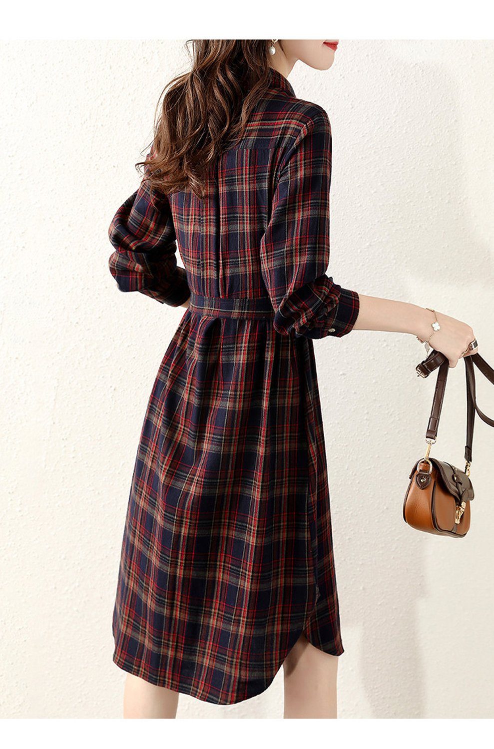 aikidio Stillkleid Klassisches lockeres Midikleid im koreanischen Stil mit Karomuster