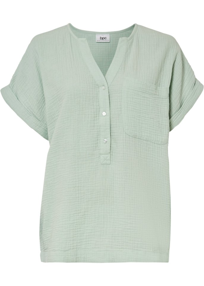 Musselin-Bluse mit Knopfleiste und Tasche