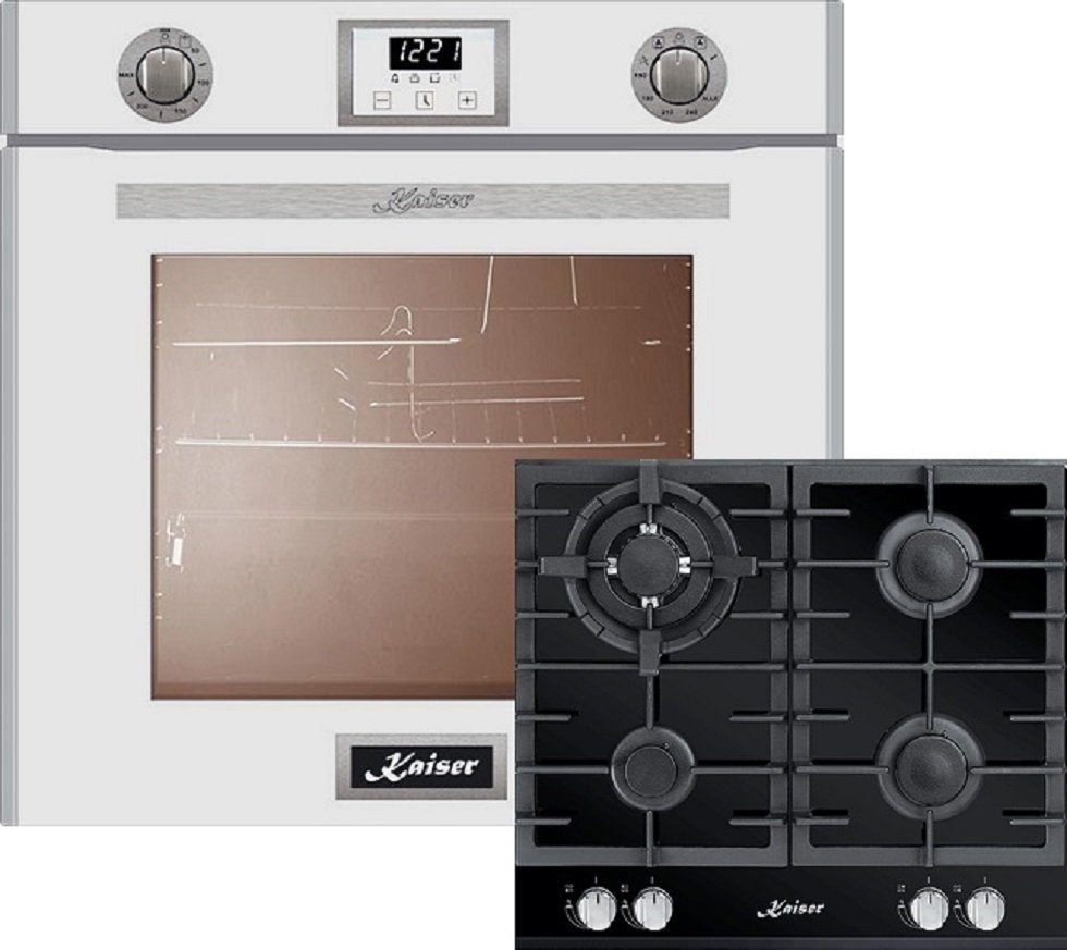 Kaiser Küchengeräte Backofen-Set EG 6374 W + KCG 6380, Einbau-Backofen 60cm in Weiß,Gas Backofen+Gas-Kochfeld 60 cm