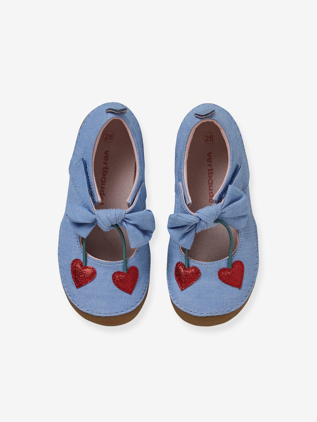Chaussons scratchés fille en toile bleu clair denim