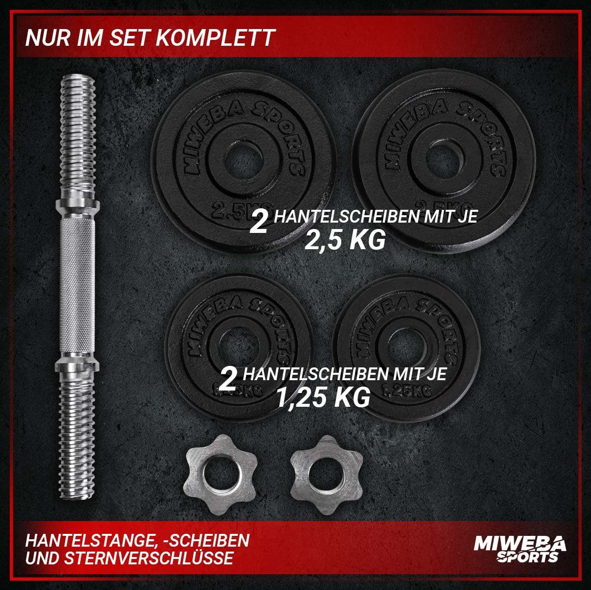 Miweba Sports Hantel-Set Profi Fitness Kurzhantel MKH110, (Einzelhantel 1x 10 kg, Stange mit 30 mm Standardnorm, rutschfest mit Sternverschluss, Hantelstange aus Stahl, kreuzgerändelt, 2x Hantelscheiben 2,5 kg & 1.25 kg, Krafttraining, Muskelaufbau,