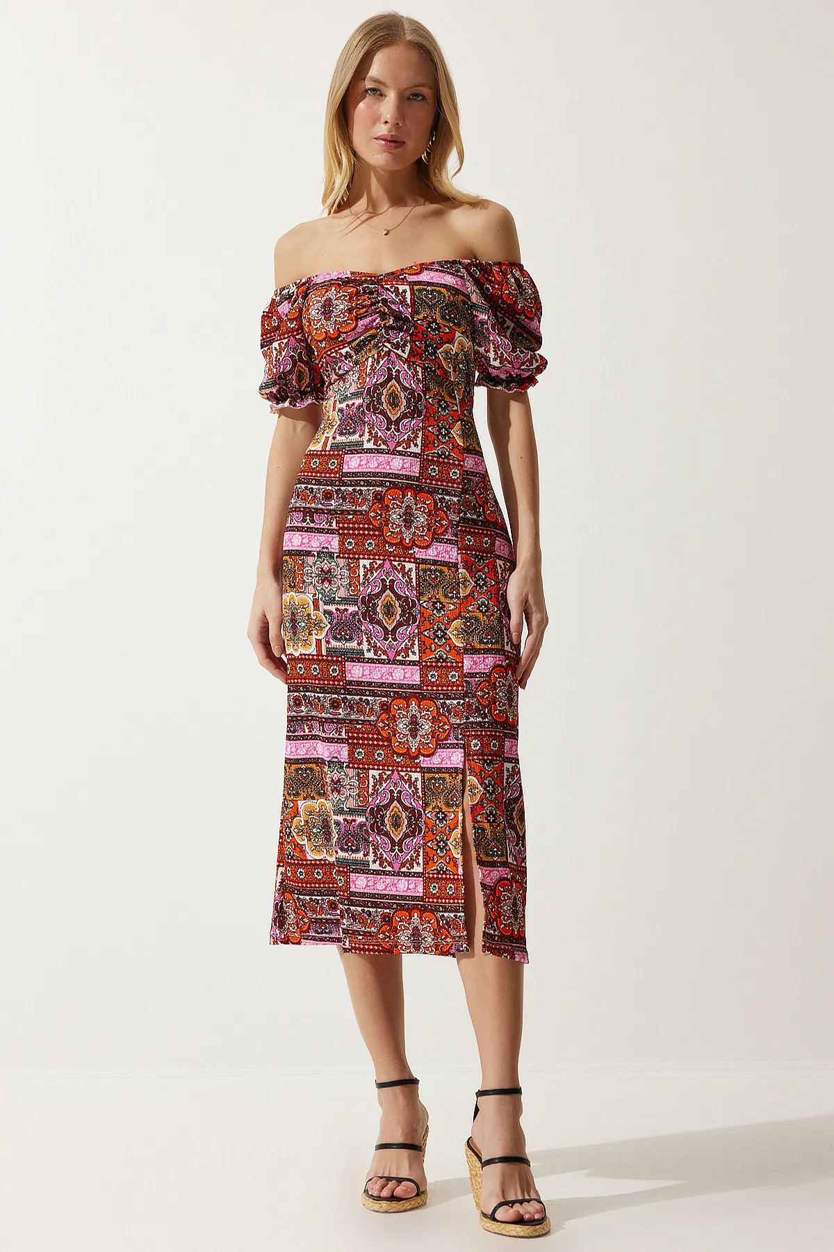 Happiness İstanbul  Damen Sommerkleid aus Viskose mit elastischem Carmenkragen MC00172